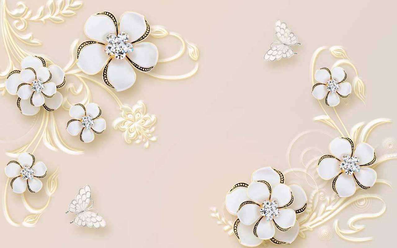 Фотообои в интерьере 3д цветы белые со стразами и бабочкой  10-498 фото