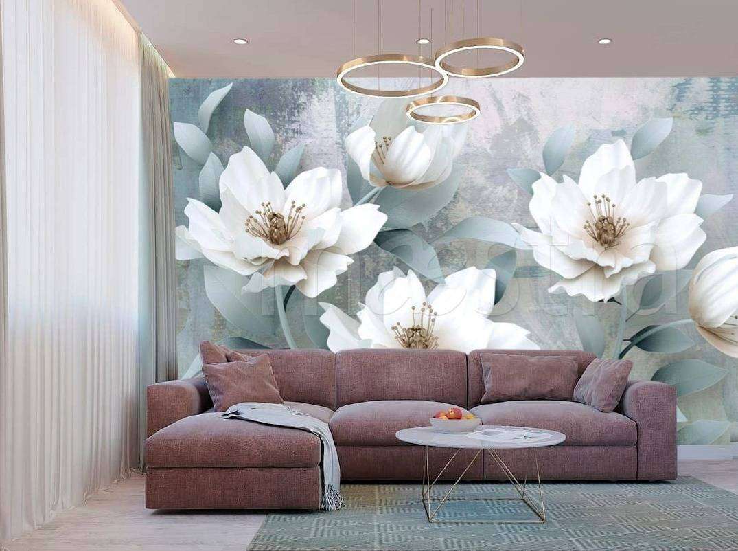 Фотообои в интерьере 3д стерео рельефные цветы на сером фоне  15-005 фото