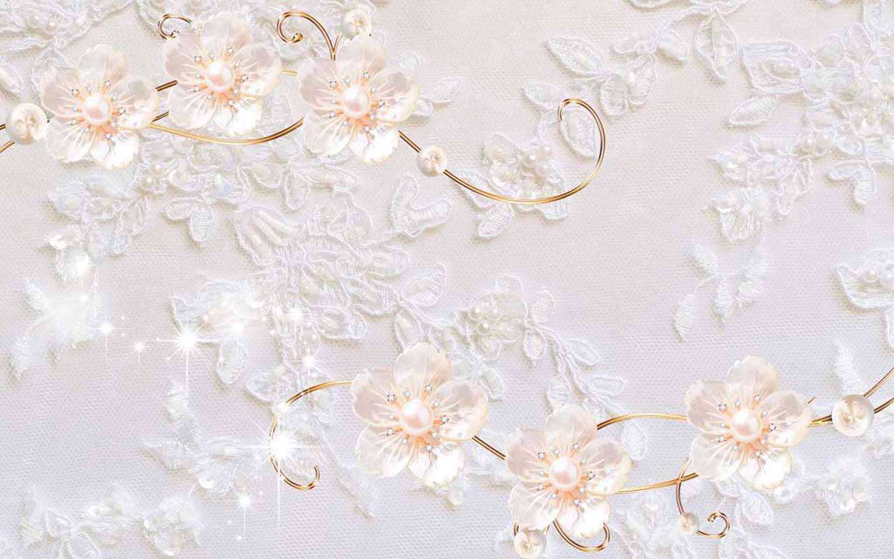 Фотообои в интерьере 3д светлые цветы на гипюре  10-506 фото