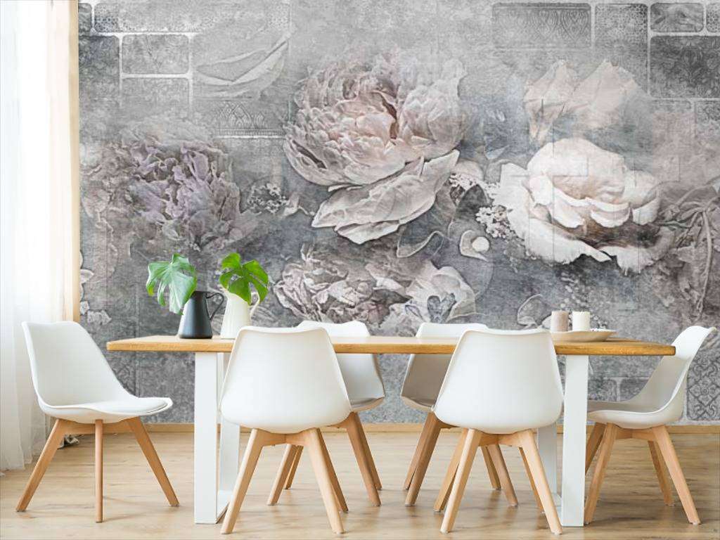 Фотообои в интерьере цветы 3д на сером фоне  7-765 фото