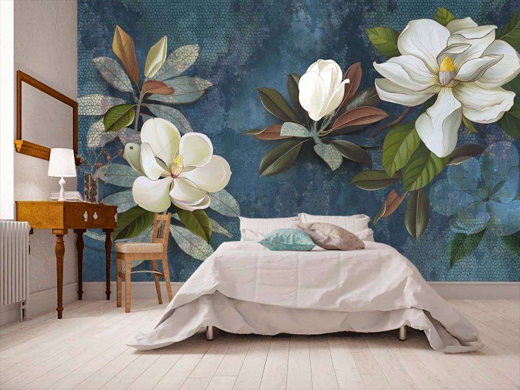 Фотообои в интерьере магнолия на синем фоне  10-870 фото