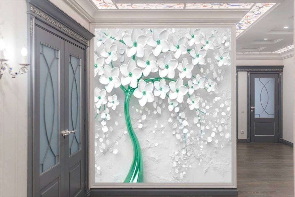 Фотообои в интерьере дерево 3д с золотыми цветами  10-741 фото