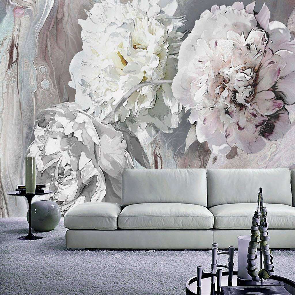 Фотообои в интерьере пионы 3д серые  13-230 фото