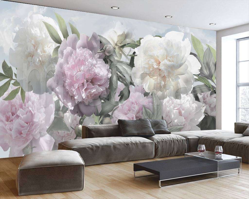 Фотообои в интерьере пионы светлый фон  7-984 фото