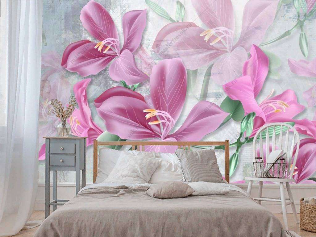 Фотообои в интерьере 3д ярко розовые лилии  10-859 фото