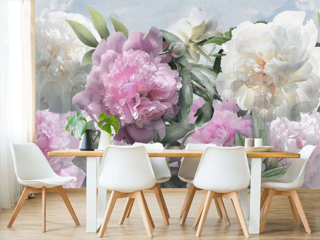 Фотообои в интерьере пионы фон  7-983 фото