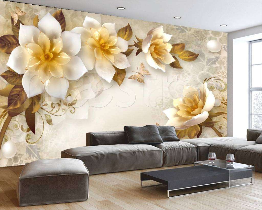 Фотообои Бесшовные обои на стену:  3д цветы на желтом фоне. Артикул: 10-519  