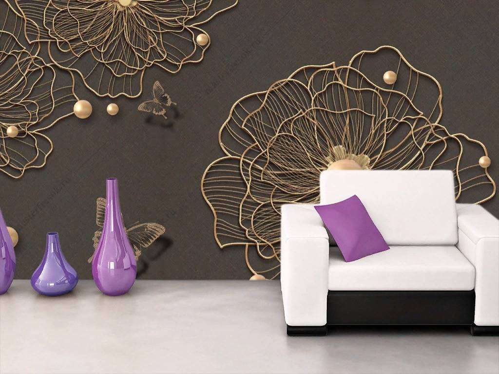 Фотообои в интерьере 3д золотые цветы  10-861 фото