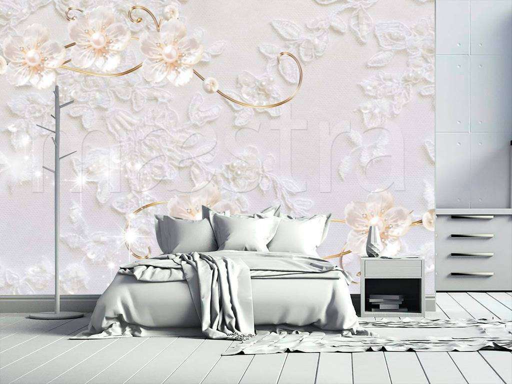 Фотообои 3д светлые цветы на гипюре  10-506