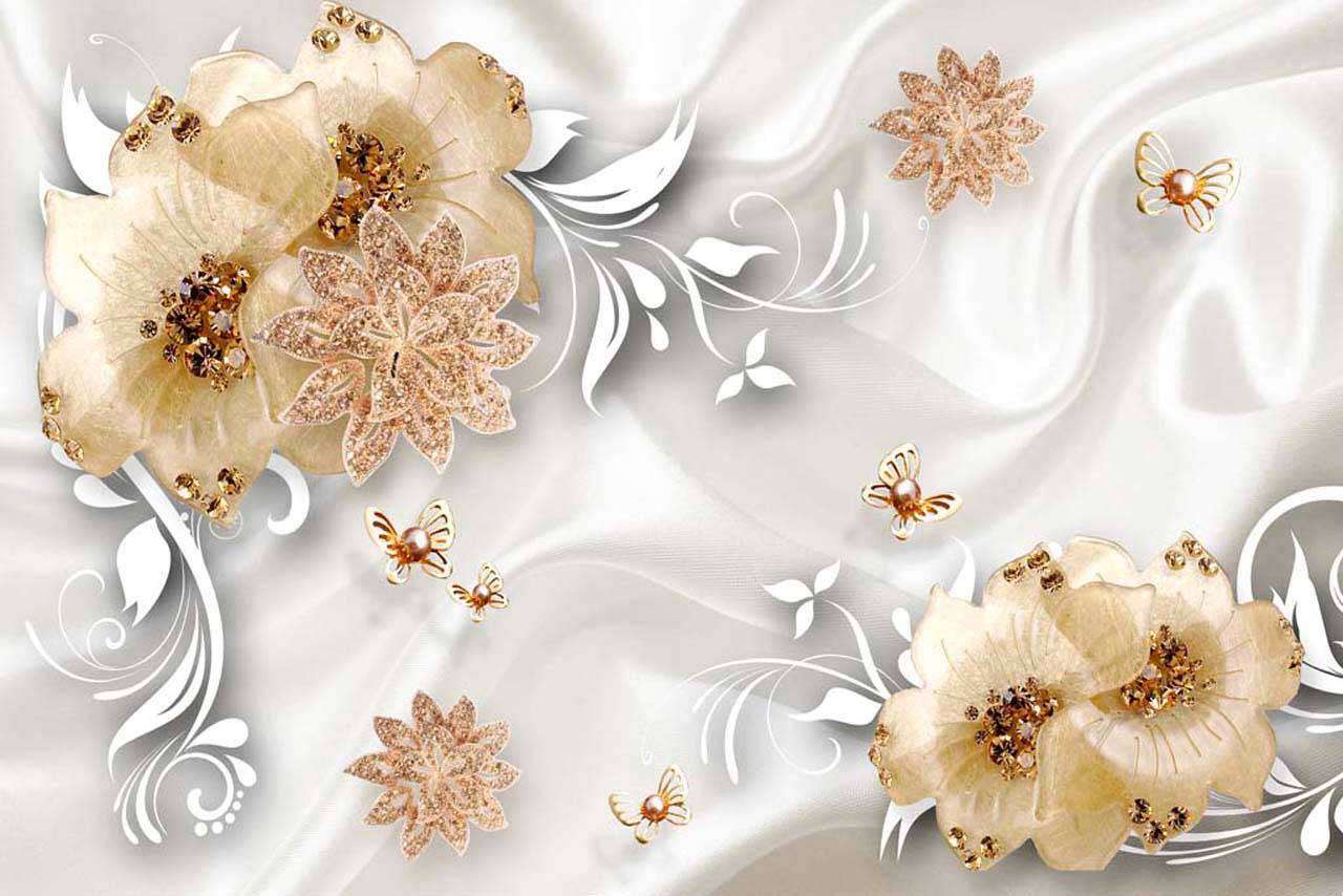 Фотообои в интерьере 3д цветы с виньетками на серой ткани  10-490 фото