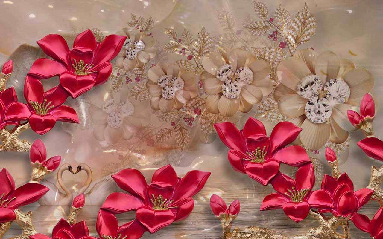 Фотообои в интерьере стереоскопические яркие цветы на коричневом фоне  10-463 фото