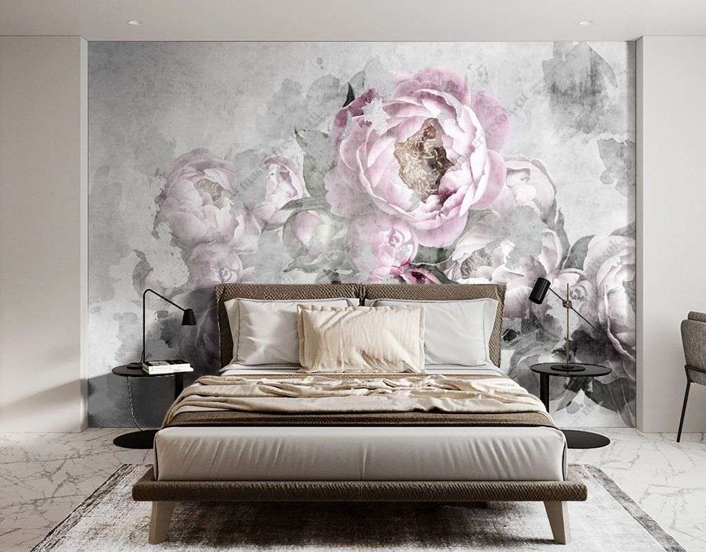 Фотообои в интерьере пионы на сером фоне  9-1605 фото