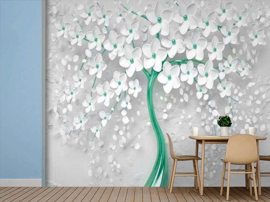 Фотообои в интерьере дерево 3д с золотыми цветами  10-741 фото