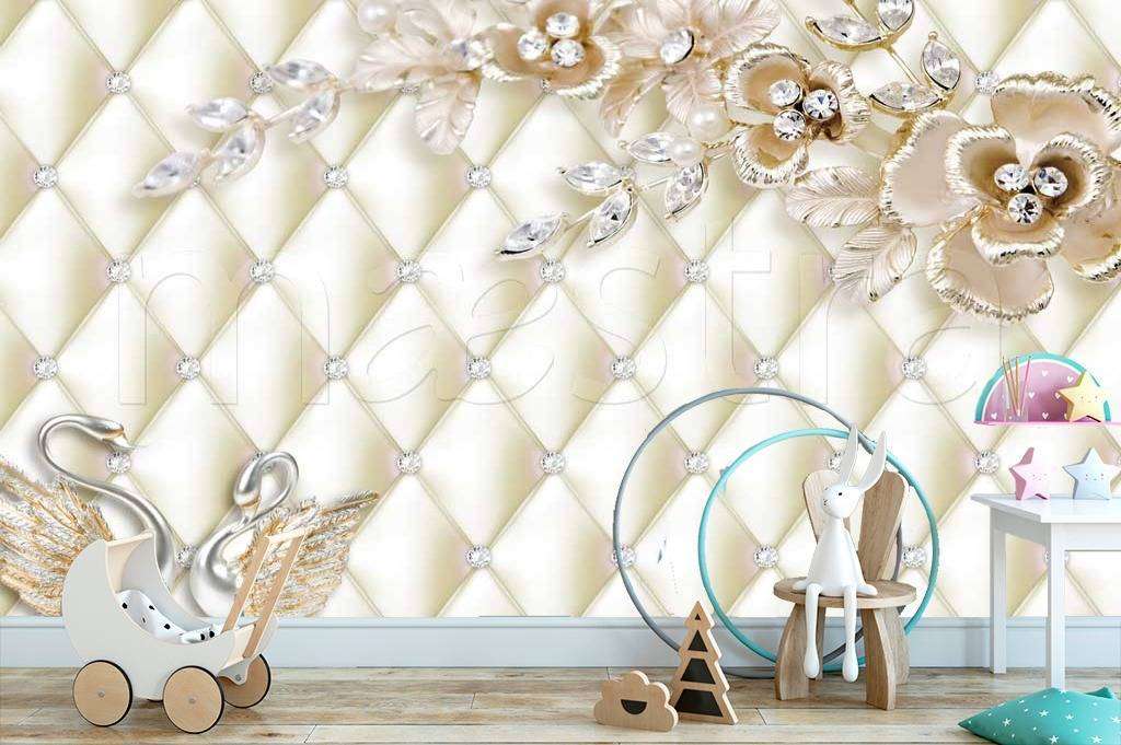 Фотообои лебеди и цветы на 3д фоне  10-390