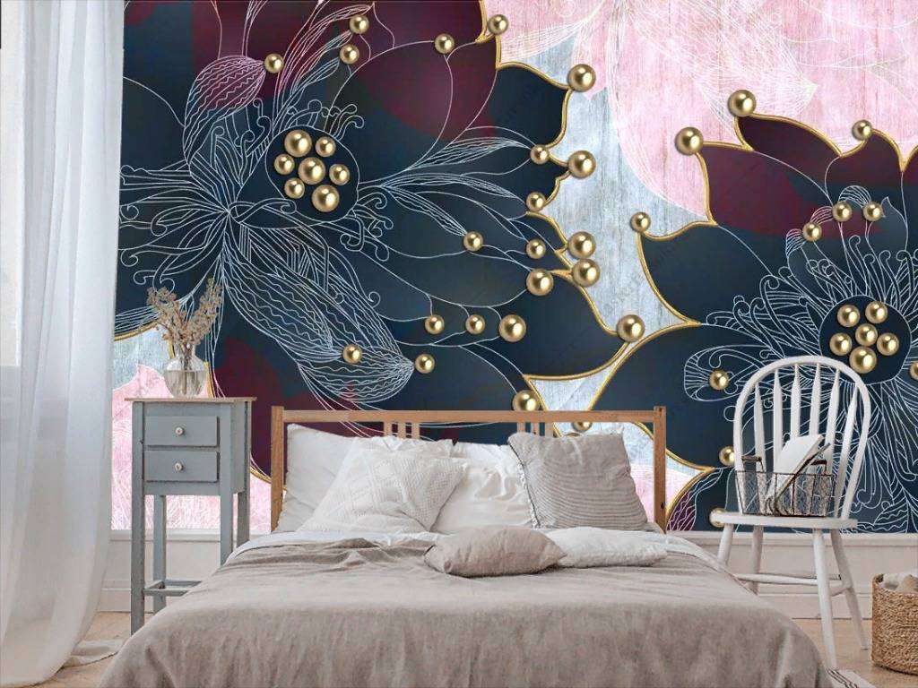 Фотообои в интерьере 3д синие яркие цветы  10-840 фото