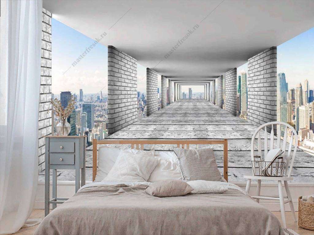 Фотообои в интерьере 3д тоннель расширяющий пространство  10-838 фото