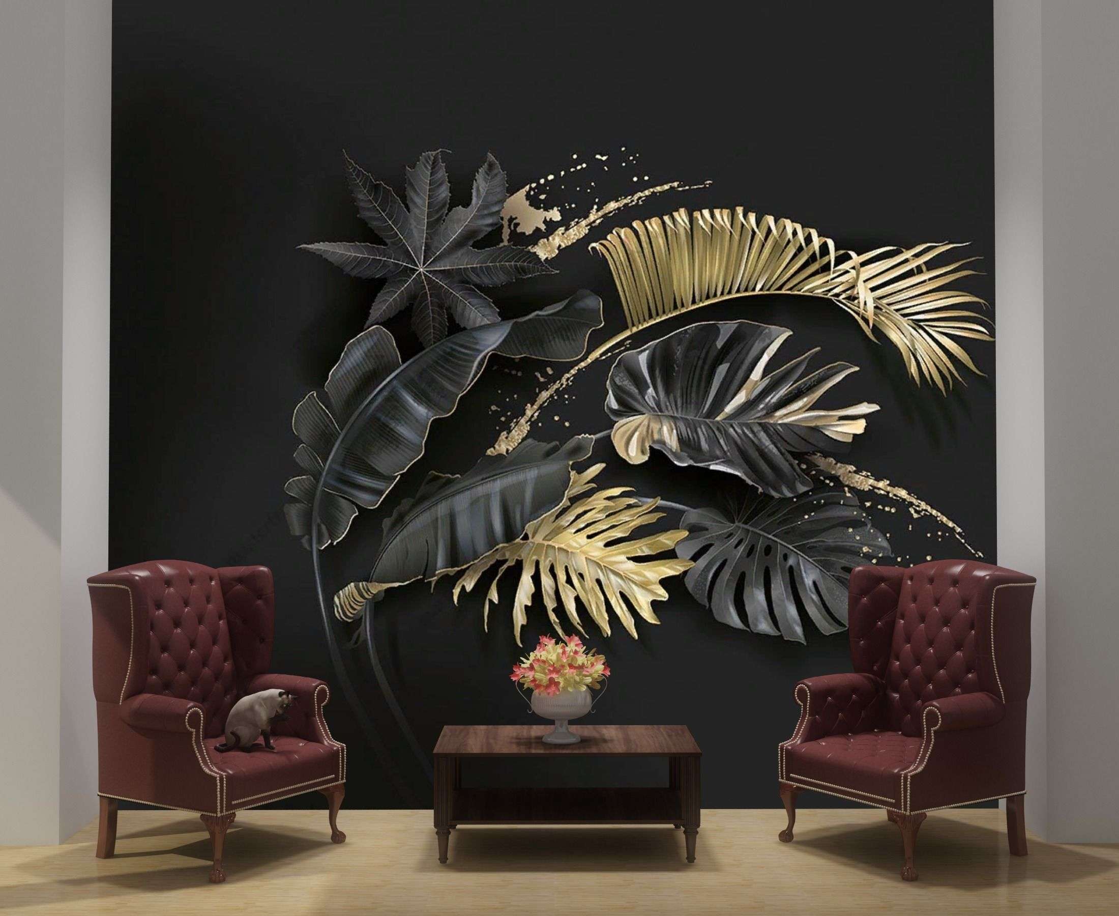 Фотообои в интерьере золотые тропические ветви  10-985 фото