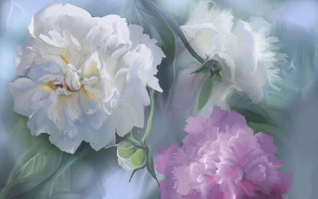 Фотообои в интерьере белые пионы 3д  13-369 фото