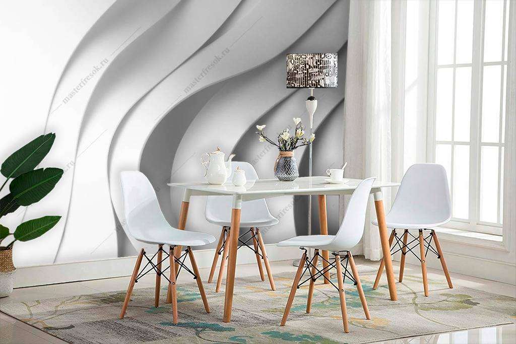 Фотообои в интерьере 3д белые волны с тенью  10-778 фото