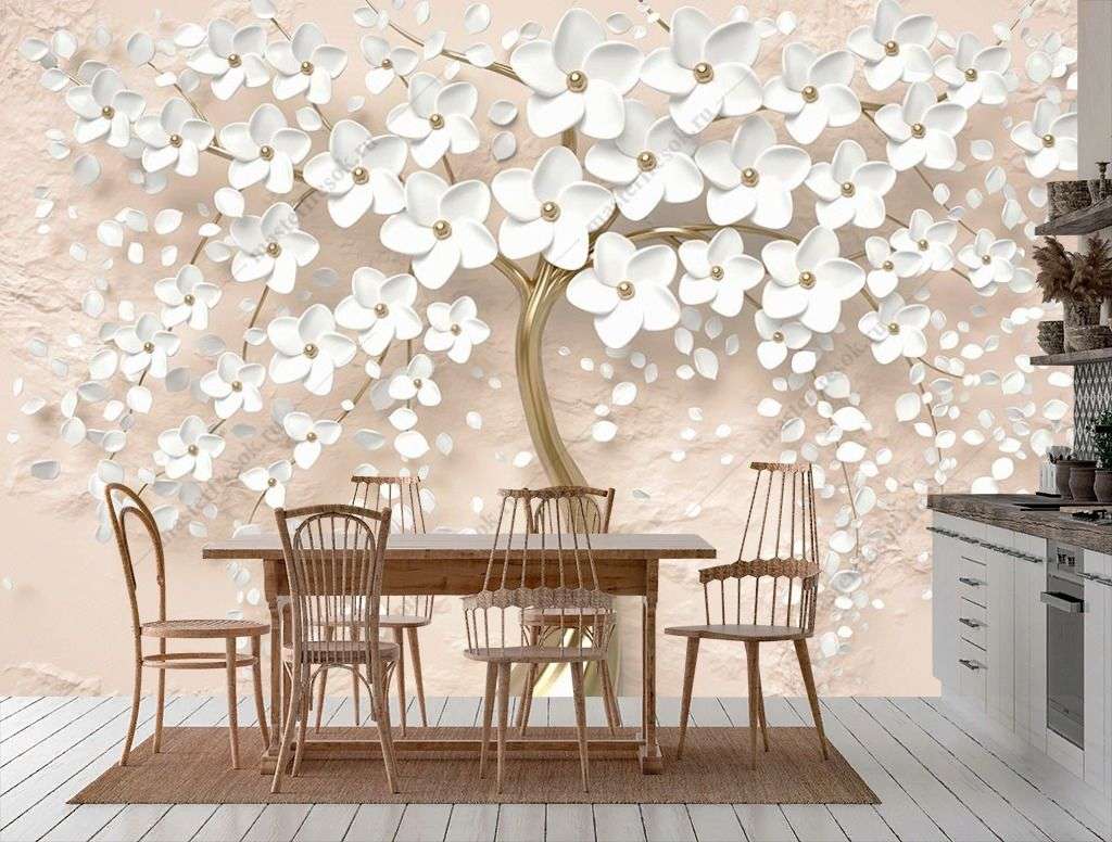 Фотообои в интерьере дерево 3д на пудровом фоне  10-888 фото