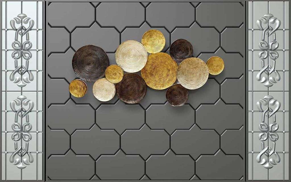 Фотообои в интерьере 3д золотые круги  10-701 фото