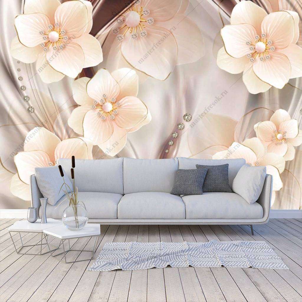 Фотообои в интерьере 3д объемные белые цветы  10-836 фото