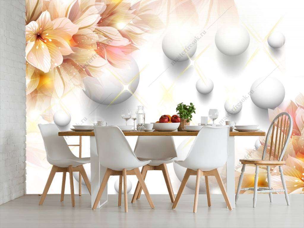 Фотообои в интерьере 3д цветы и шарики  10-626 фото