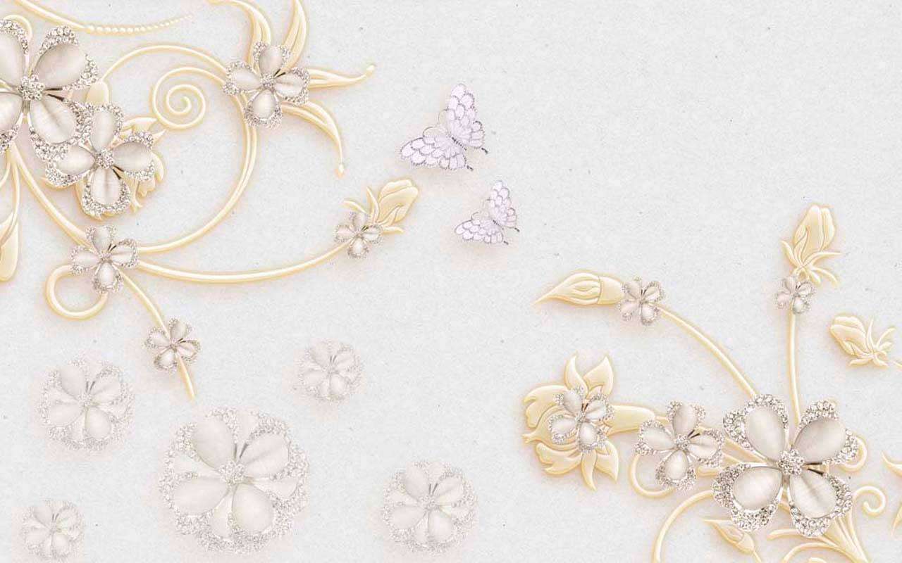 Фотообои в интерьере 3д белые цветы с золотым узором на белом фоне  10-497 фото