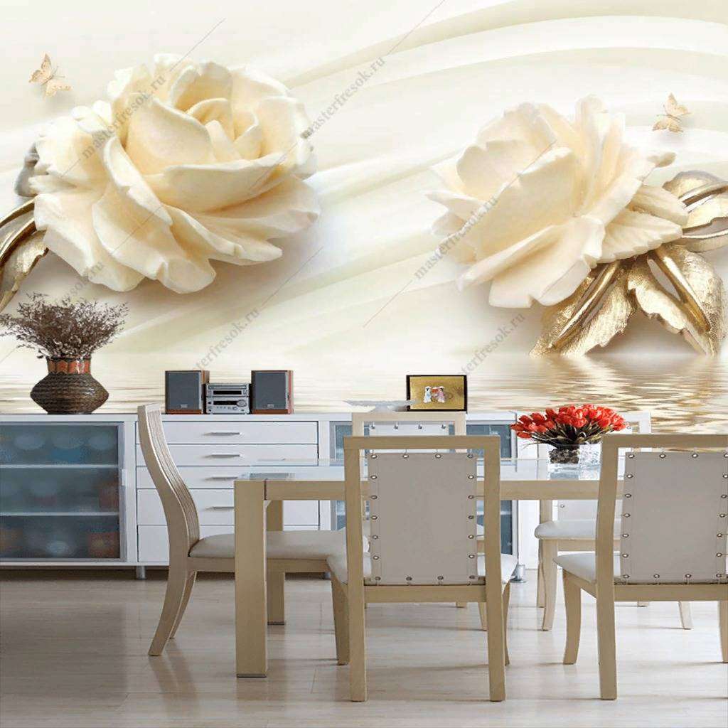 Фотообои в интерьере 3д золотые розы  10-855 фото