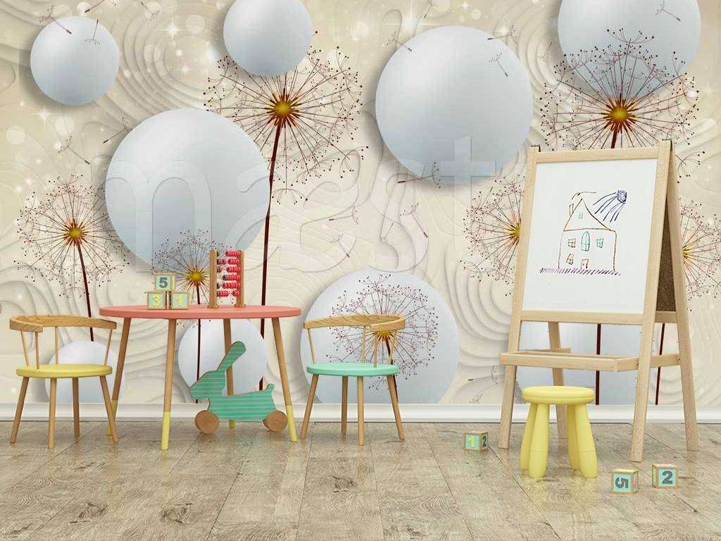 Фотообои в интерьере стереоскопические одуванчики с объемными шарами  7-476 фото