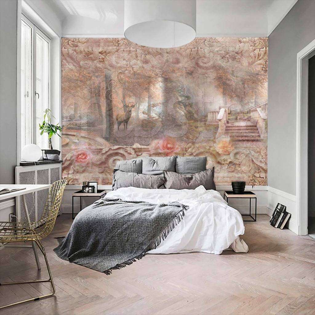 Фотообои в интерьере утренний лес сад в розовых тонах  7-322 фото