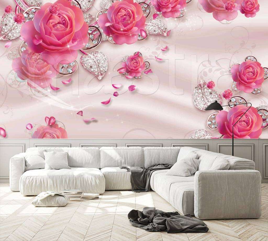 Фотообои в интерьере 3д розовые розы на ткани  10-485 фото