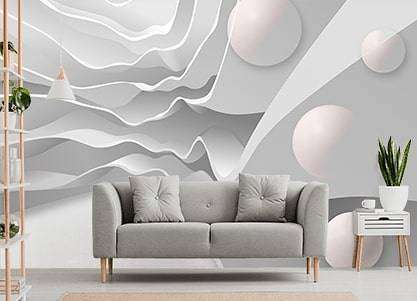Фотообои в интерьере 3д волна и шары  10-555 фото