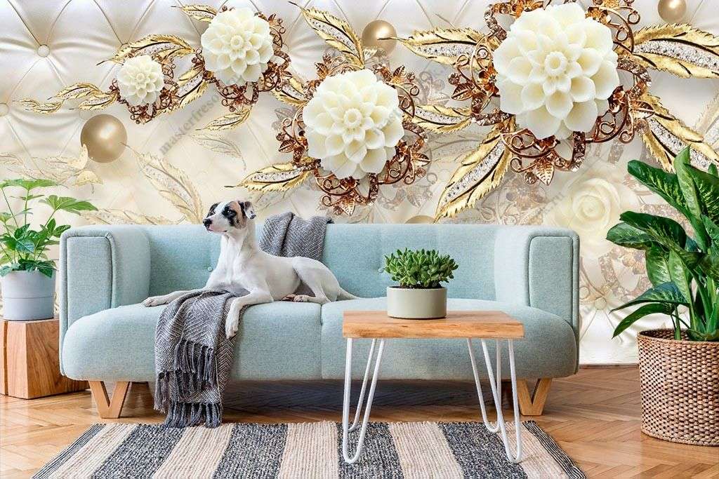 Фотообои в интерьере 3д цветы золотые  10-897 фото