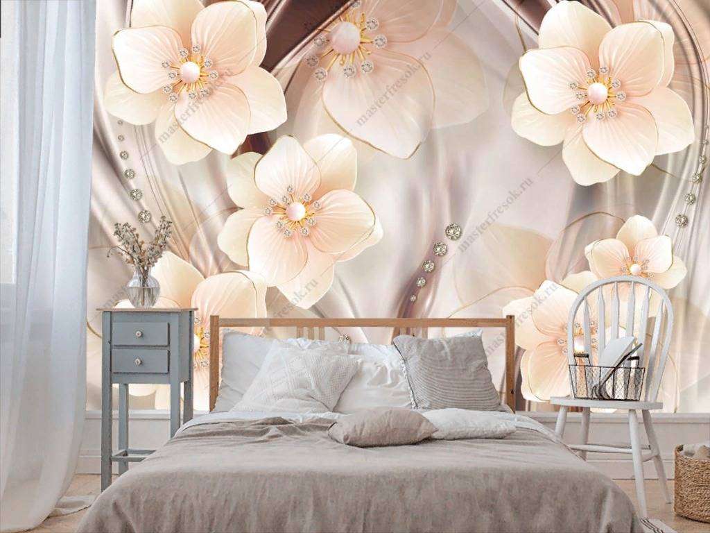 Фотообои в интерьере 3д объемные белые цветы  10-836 фото