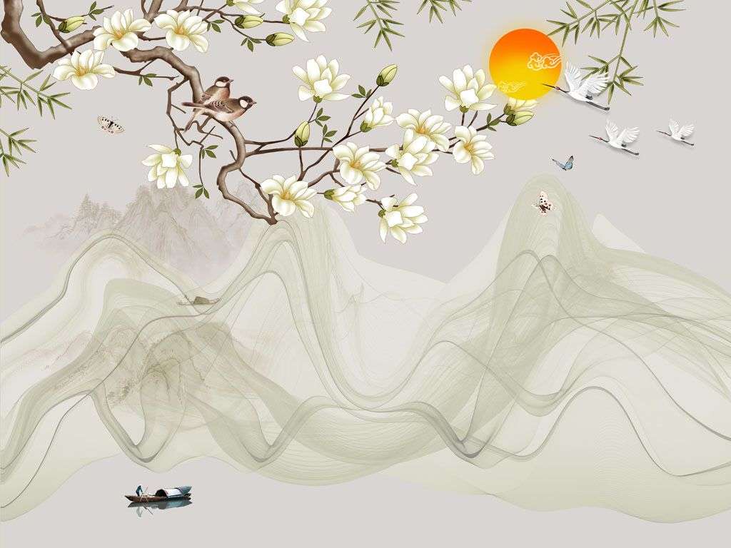 Фотообои в интерьере 3д китайский пейзаж  10-629 фото