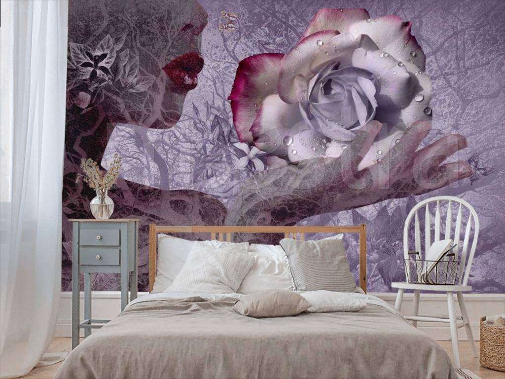 Фотообои в интерьере роза романтика в темных тонах  7-387 фото