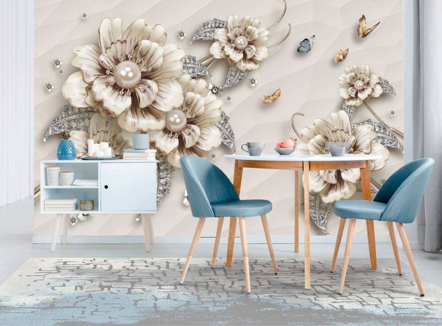 Фотообои в интерьере бежевые цветы  10-614 фото