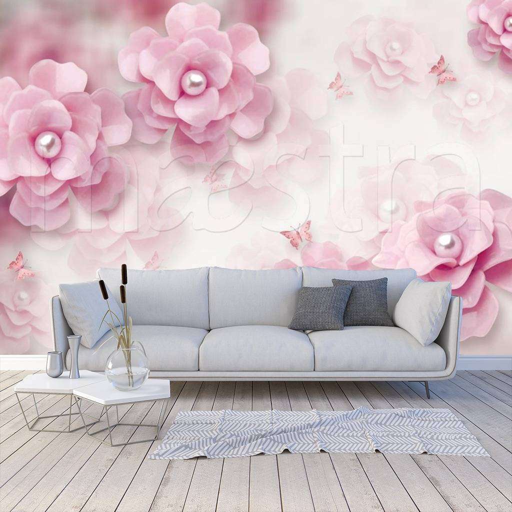 Фотообои 3д розовые цветы на белом фоне  10-514