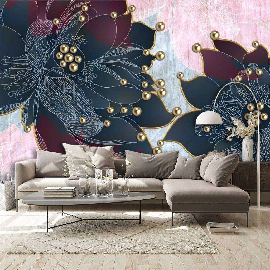 Фотообои в интерьере 3д синие яркие цветы  10-840 фото