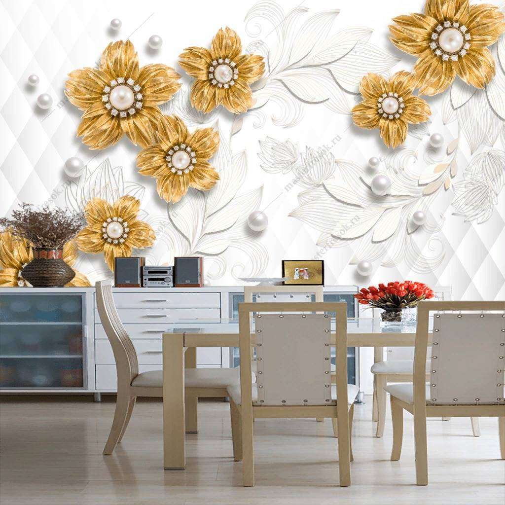 Фотообои в интерьере 3д позолоченные цветы  10-860 фото