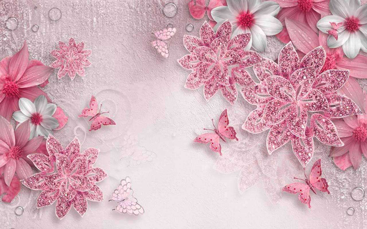 Фотообои в интерьере 3д цветы со стразами на розовом цвете  10-486 фото