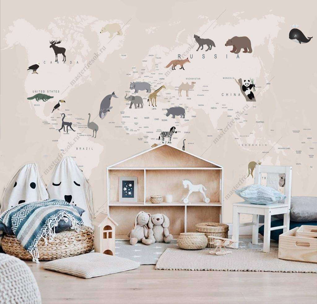 Фотообои в интерьере карта и животные  12-789 фото