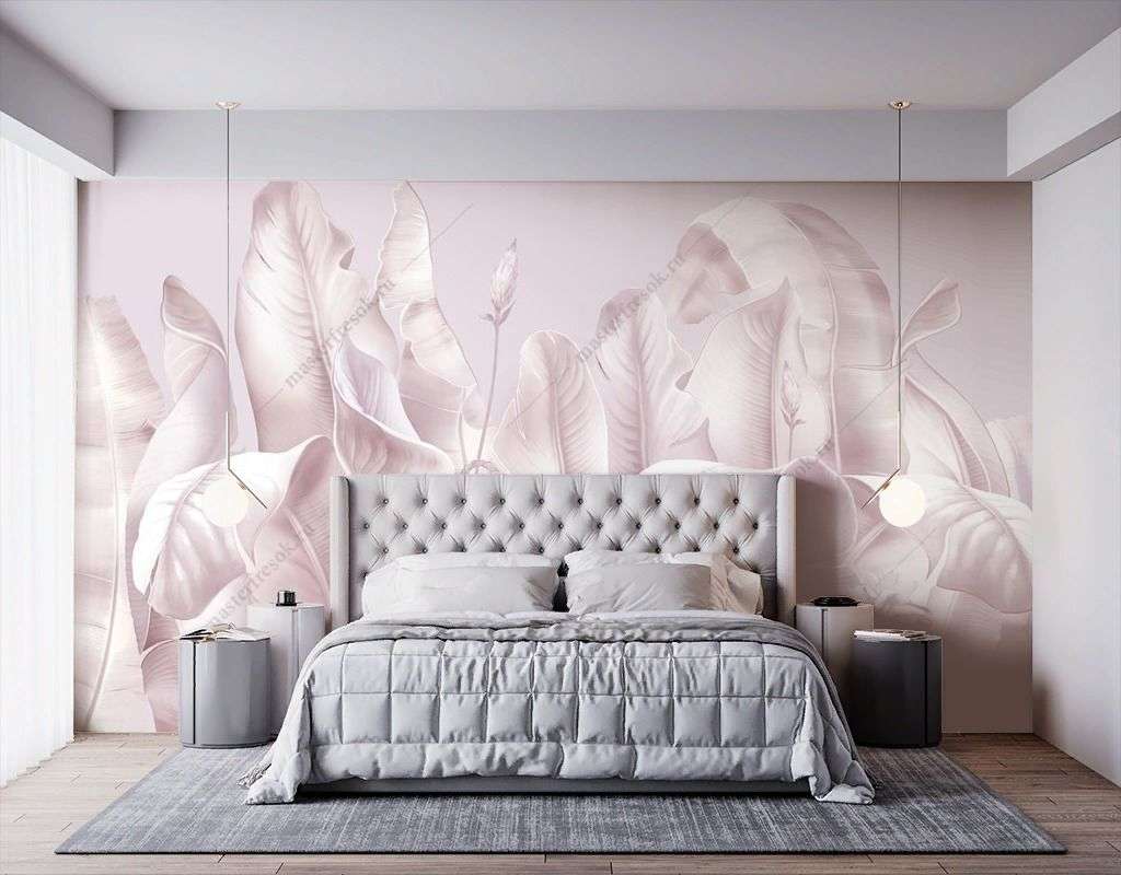 Фотообои в интерьере листья банановые розовые  13-564 фото