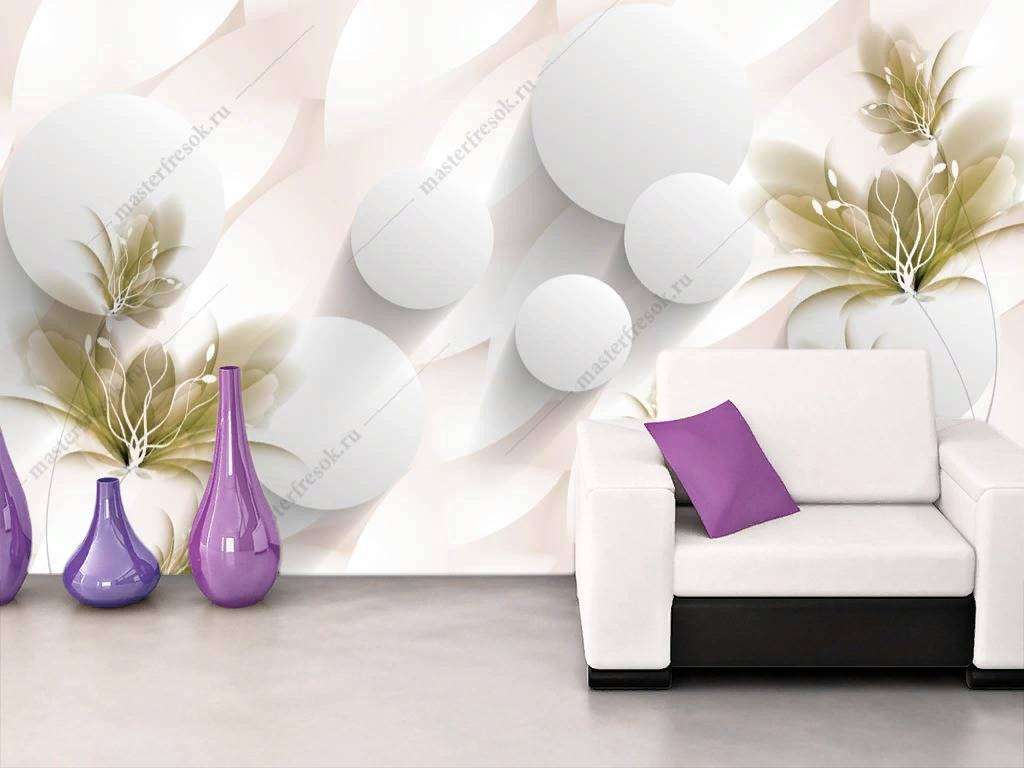 Фотообои в интерьере 3d белый фон с цветами  10-835 фото