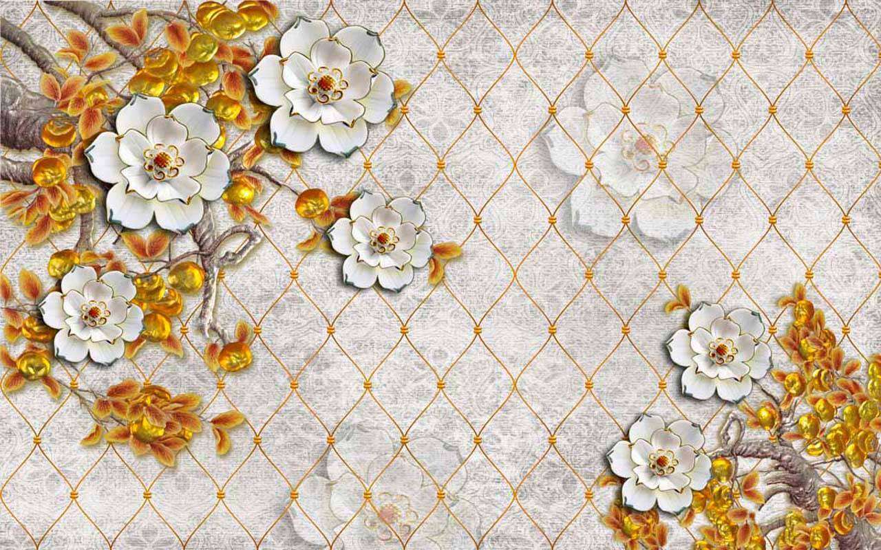 Фотообои в интерьере 3д цветы с золотыми листьями  10-456 фото