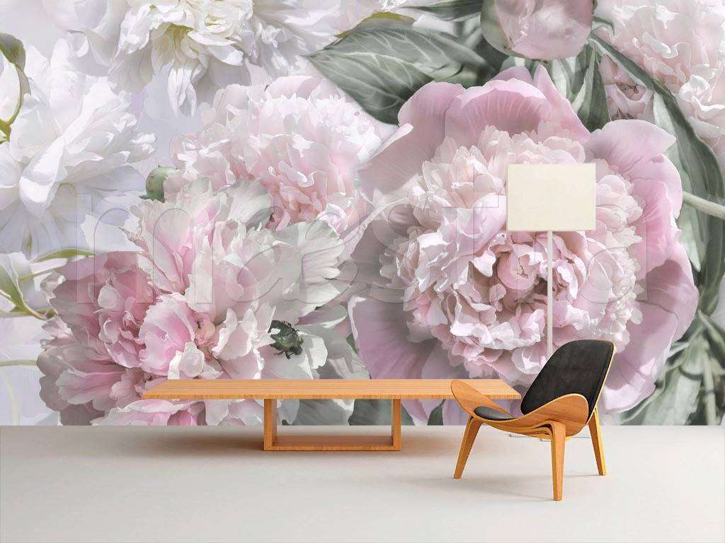 Фотообои в интерьере букет светлых пионов  7-928 фото