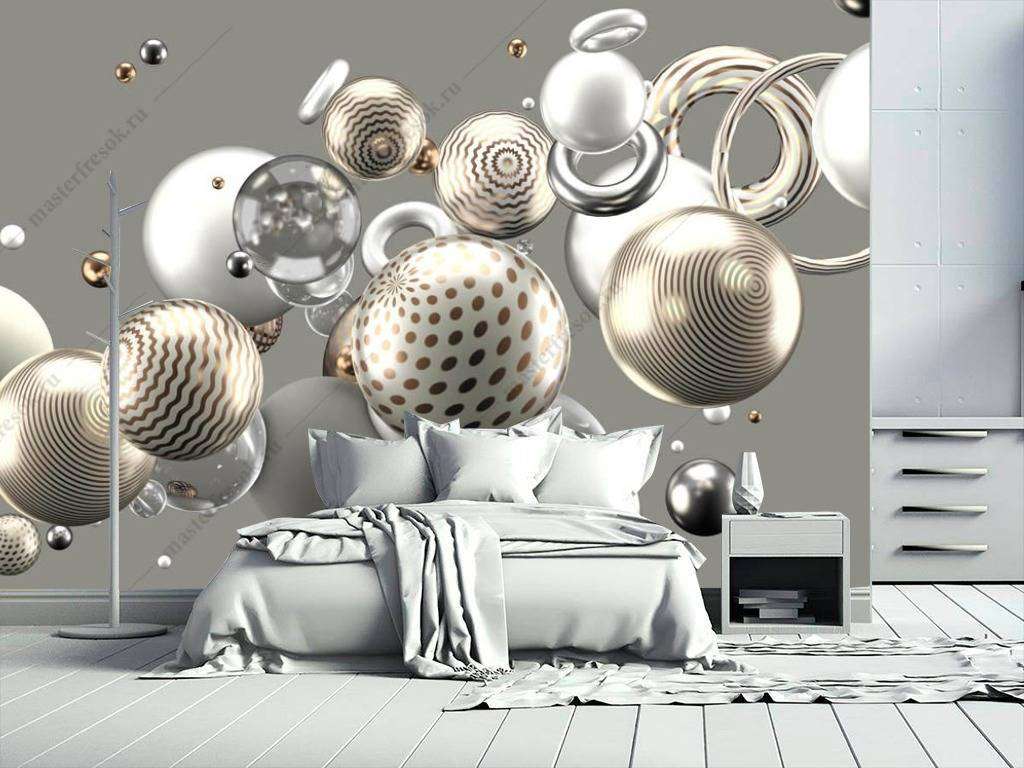 Фотообои в интерьере 3д серебряные шары  10-827 фото