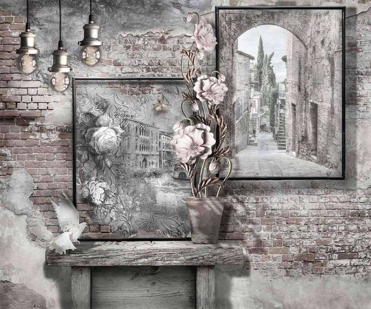 Фотообои в интерьере кирпичная стена в винтажном стиле  7-580 фото