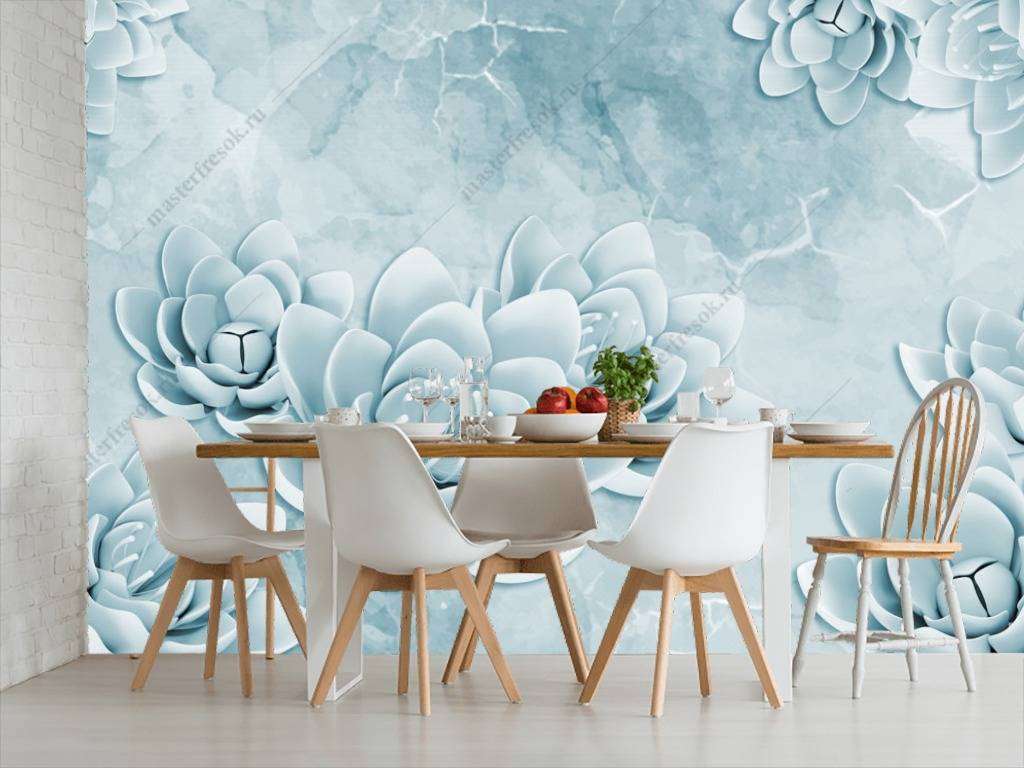 Фотообои в интерьере 3д голубые цветы  10-651 фото
